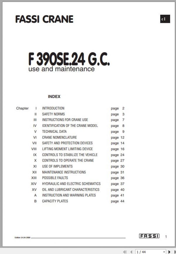 Fassi Cranes F390SE.24 GC Use and Maintenance Manual 2008 1