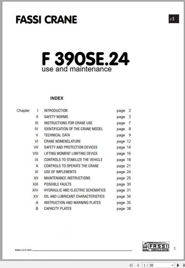 Fassi Cranes F390SE.24 Use and Maintenance Manual 2003 1