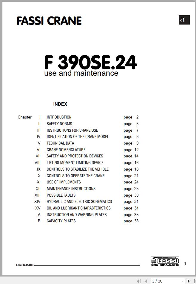 Fassi Cranes F390SE.24 Use and Maintenance Manual 2003 1