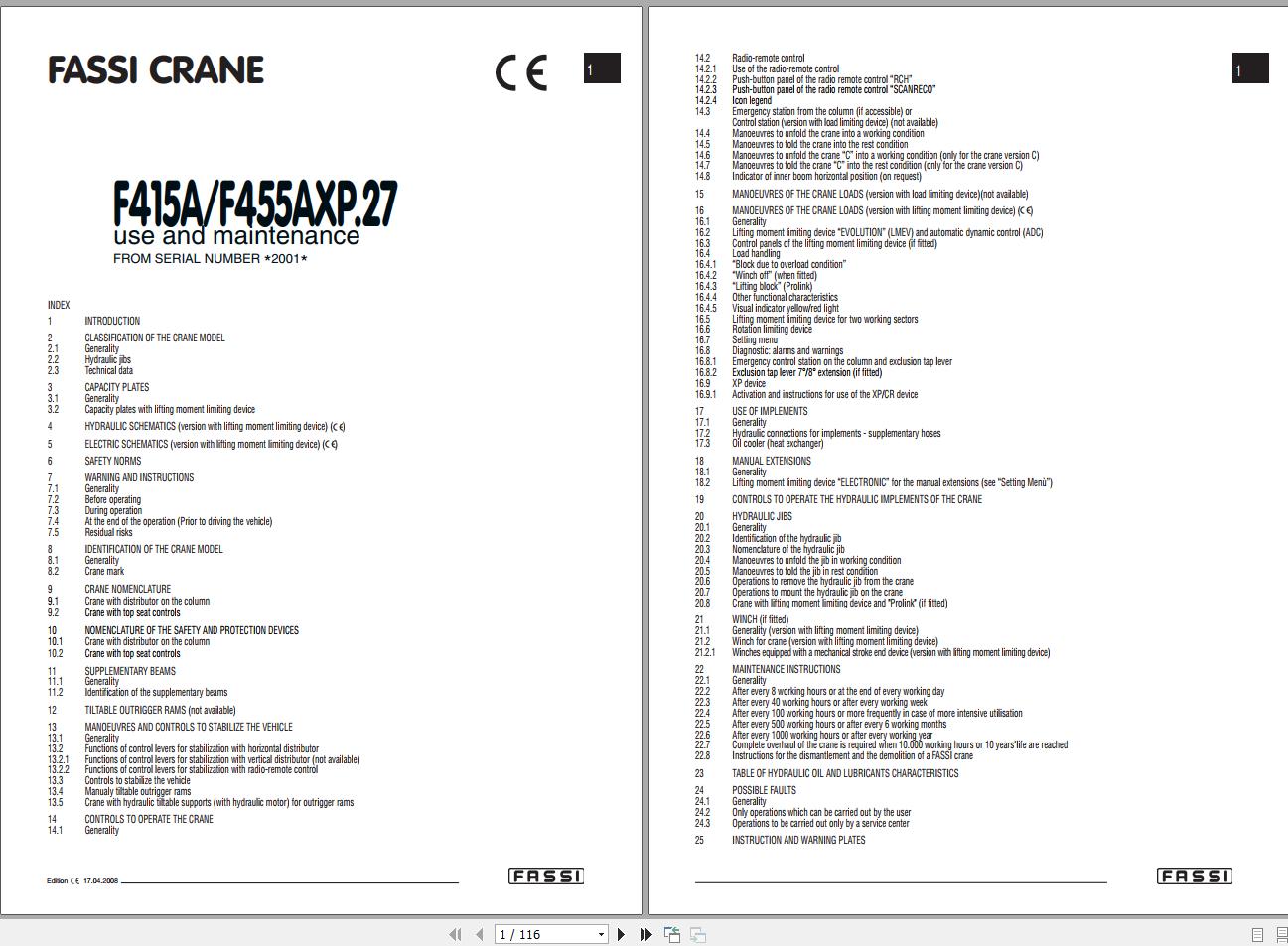 Fassi Cranes F415A F455AXP.27 2001 Use and Maintenance Manual 2008 1