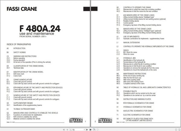 Fassi Cranes F480.A24 3001 Use and Maintenance Manual 2000 1
