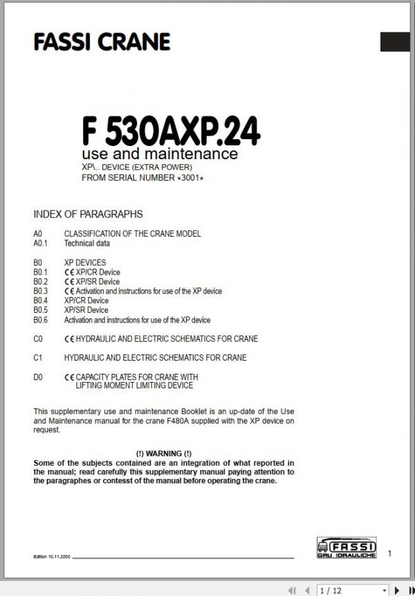 Fassi Cranes F530AXP.24 3001 Use and Maintenance Manual 2000