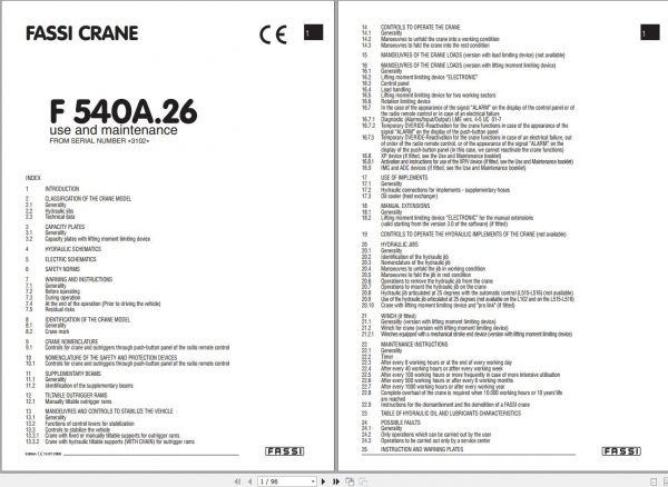 Fassi Cranes F540A.26 3102 Use and Maintenance Manual 2006 1