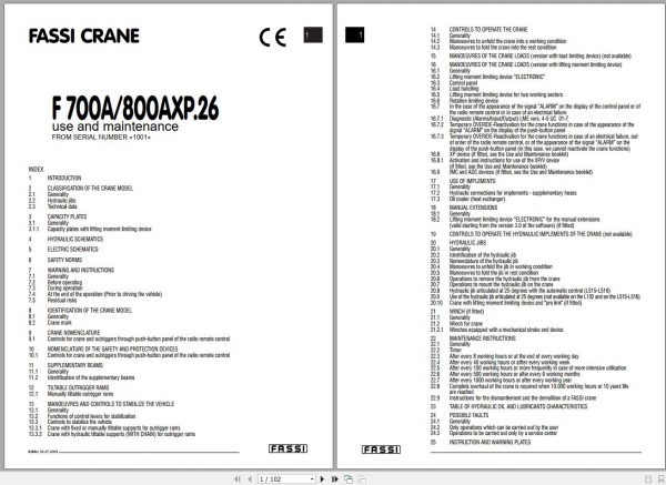 Fassi Cranes F700A F800AXP.26 1001 Use and Maintenance Manual 2005 1