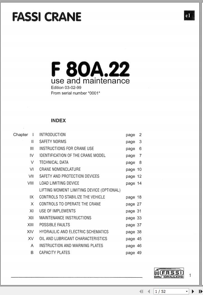 Fassi Cranes F80A.22 0001 Use and Maintenance Manual 1999 1