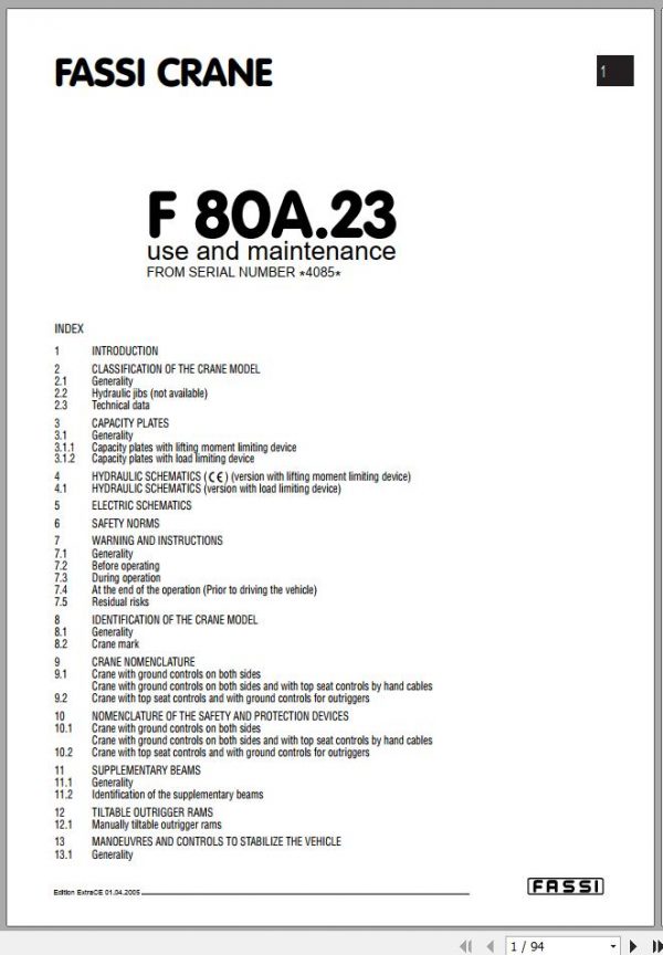 Fassi Cranes F80A.23 4085 Use and Maintenance Manual 2005 1