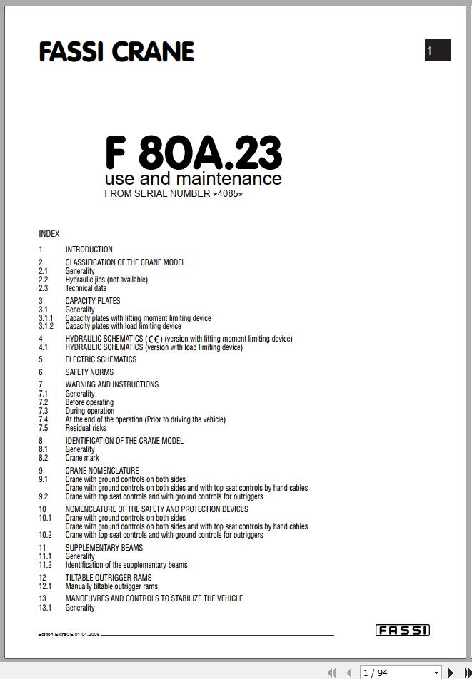 Fassi Cranes F80A.23 4085 Use and Maintenance Manual 2005 1