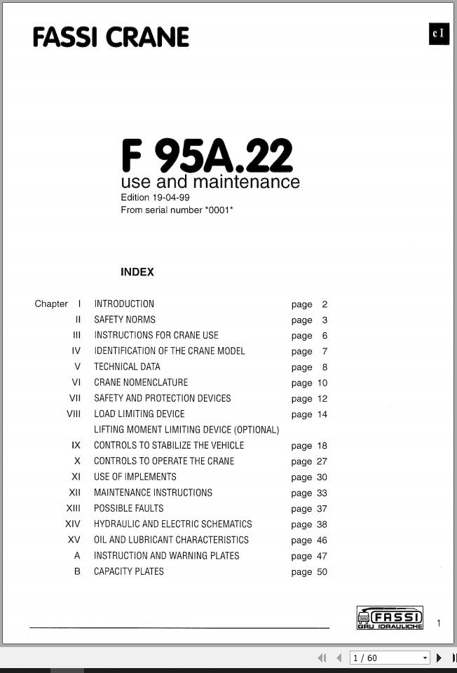 Fassi Cranes F95A.22 Use and Maintenance Manual 1999 1