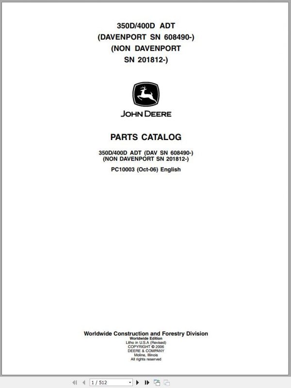 John Deere ADT 350D 400D Parts Catalog PC10003 2006 1