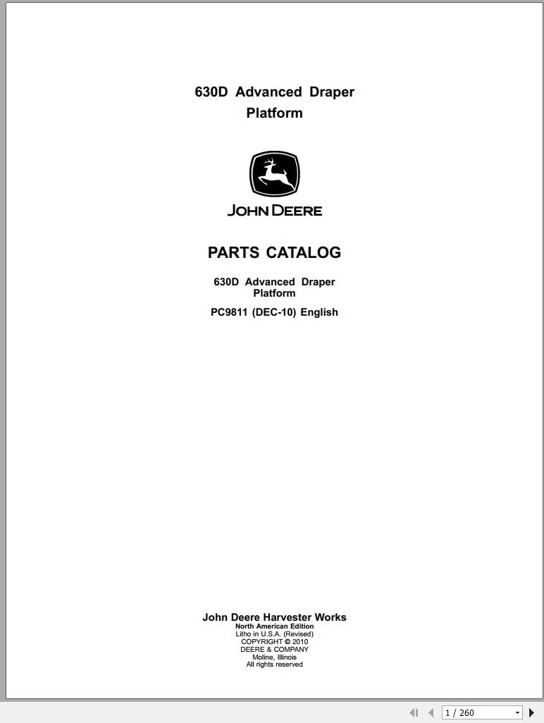 John Deere Advanced Draper Platform 630D Parts Catalog PC9811 2010 1
