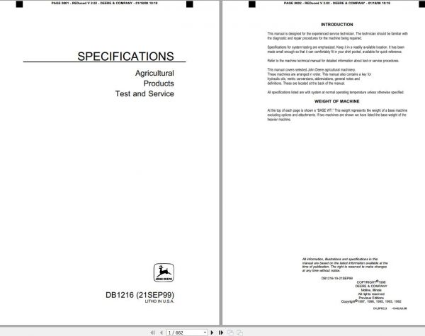 John Deere Agricultural Product Specifications Test and Service Manual DB1216 1999 1