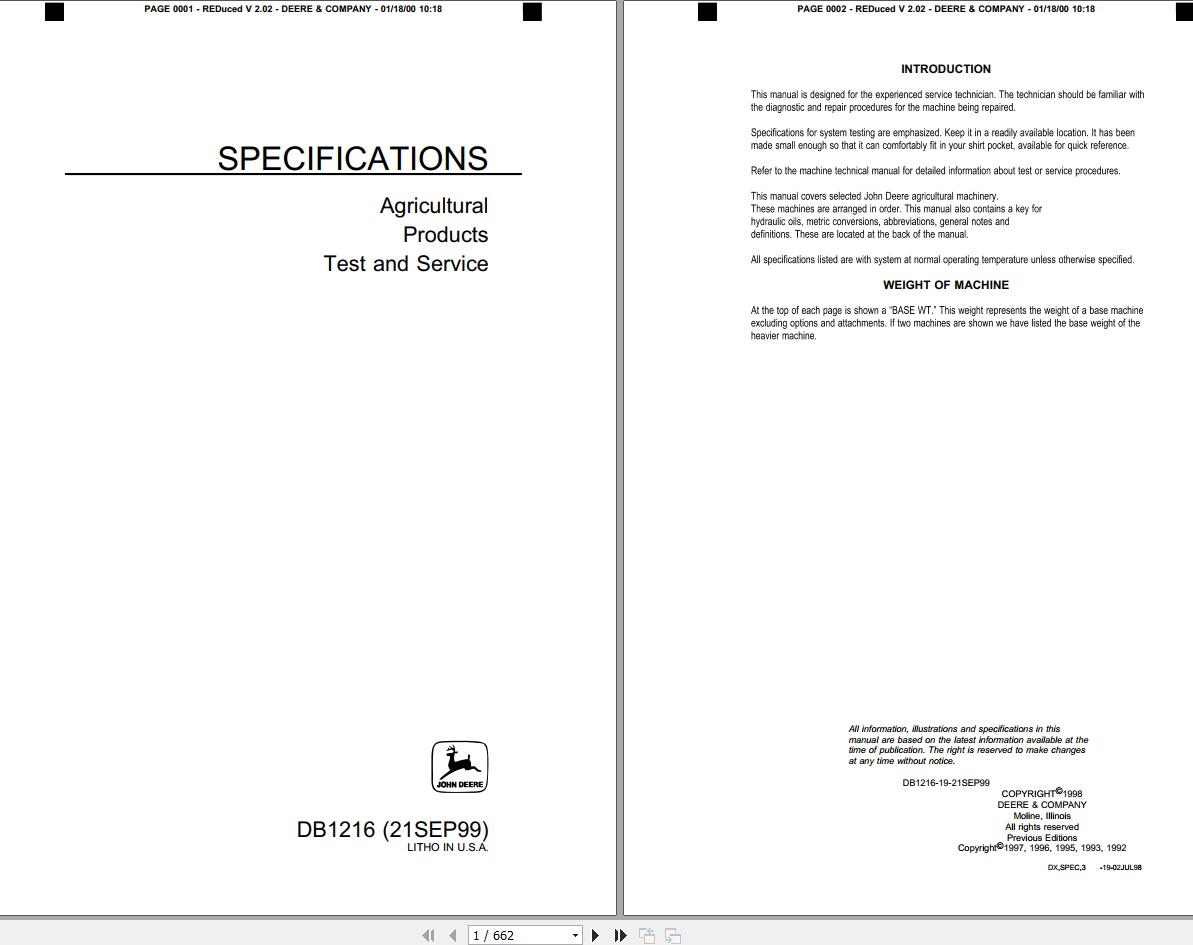 John Deere Agricultural Product Specifications Test and Service Manual DB1216 1999 1