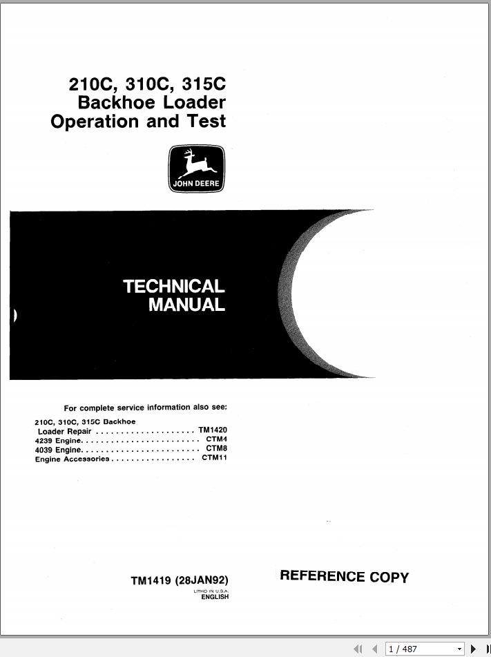 John Deere Backhoe Loader 210C 310C 315C Operation And Test Manual TM1419 1