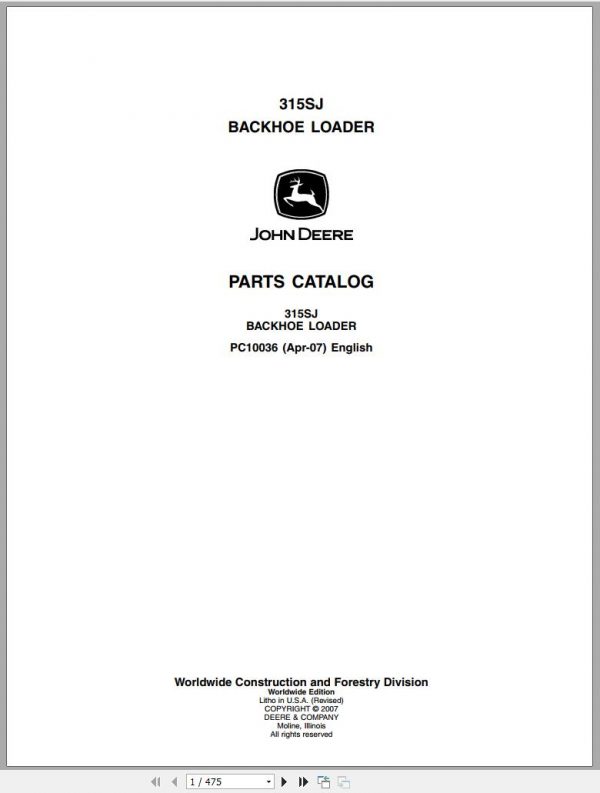 John Deere Backhoe Loader 315SJ Parts Catalog PC10036 2007 1