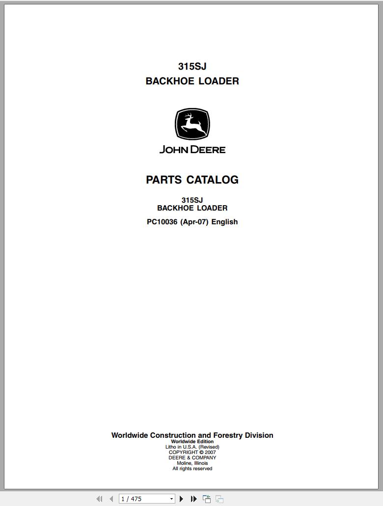 John Deere Backhoe Loader 315SJ Parts Catalog PC10036 2007 1