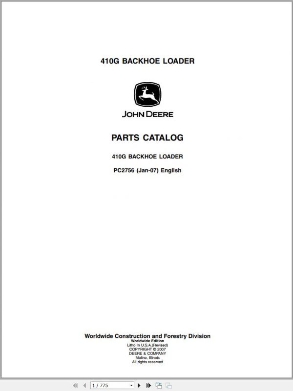 John Deere Backhoe Loader 410G Parts Catalog PC2756 2007 1