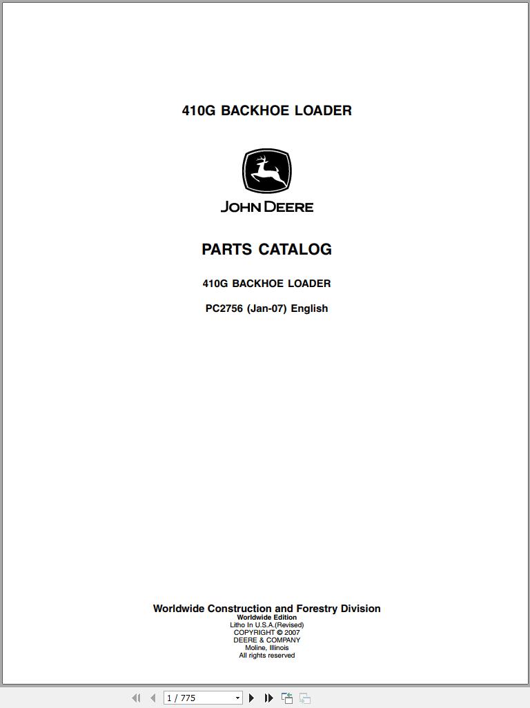 John Deere Backhoe Loader 410G Parts Catalog PC2756 2007 1
