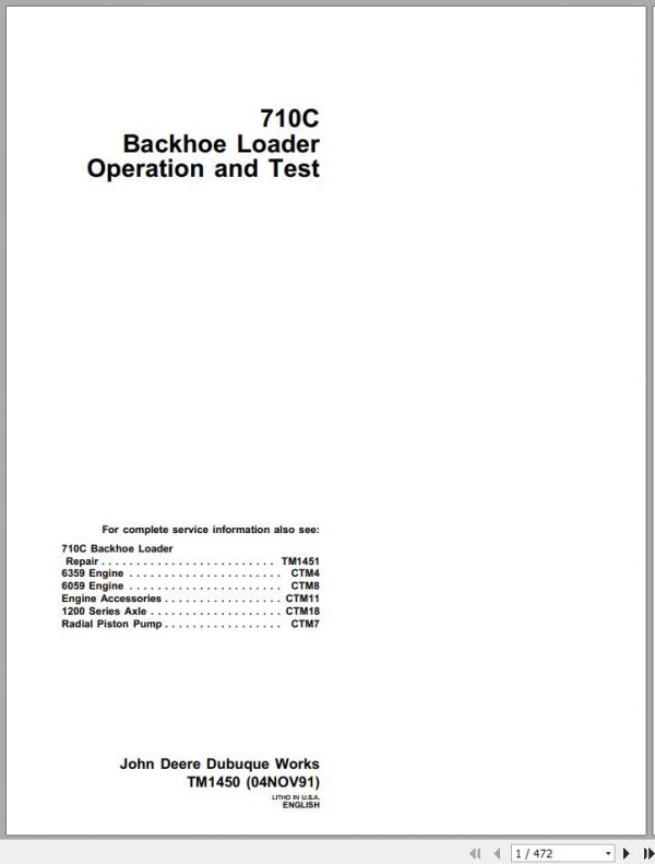 John Deere Backhoe Loader 710C Technical Manual TM1450 1