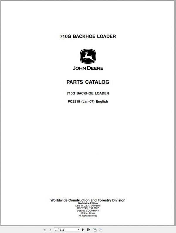 John Deere Backhoe Loader 710G Parts Catalog PC2819 2007 1
