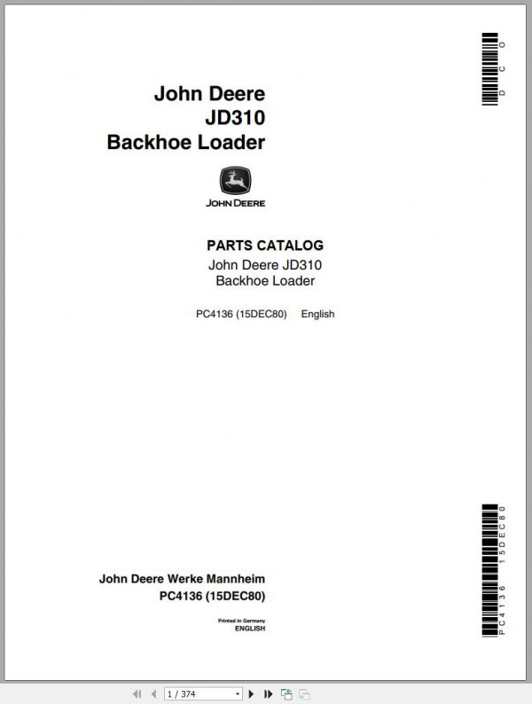 John Deere Backhoe Loader JD310 Parts Catalog PC4136 15DEC80 1