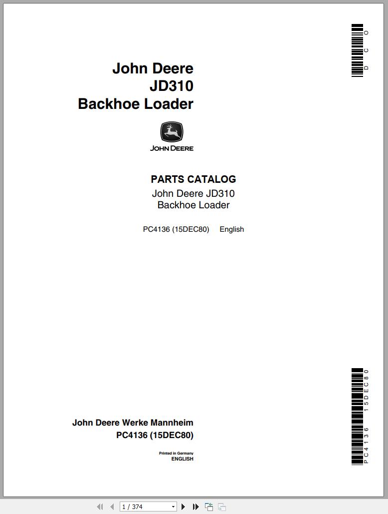 John Deere Backhoe Loader JD310 Parts Catalog PC4136 15DEC80 1