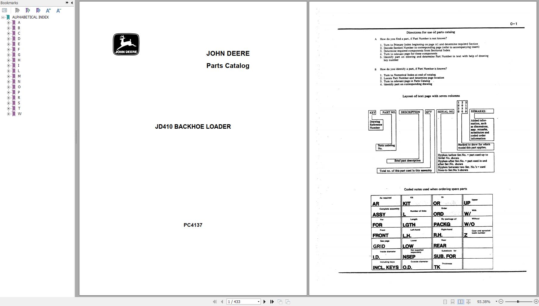 John Deere Backhoe Loader JD410 Parts Catalog PC4137 1