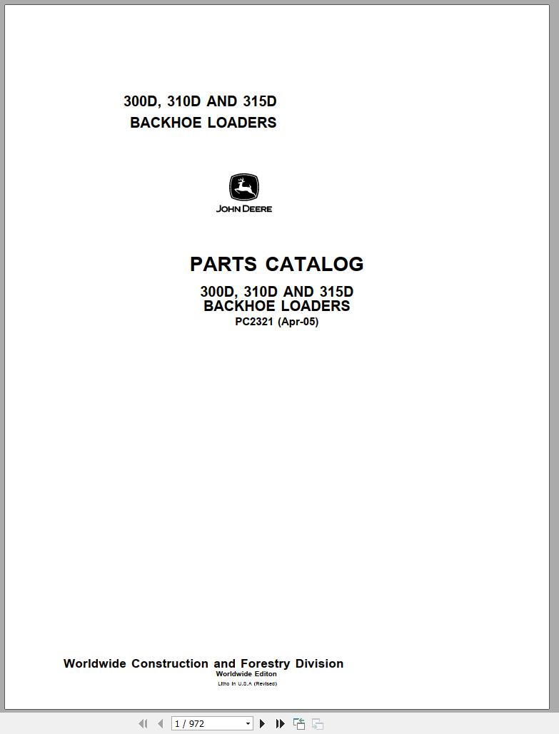 John Deere Backhoe Loaders 300D 310D 315D Parts Catalog PC2321 2005 1