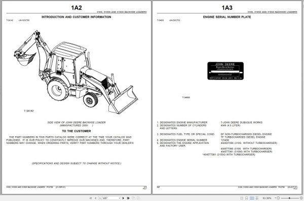 John Deere Backhoe Loaders 310G 310SG 315SG Parts Catalog PC2755 2000 1