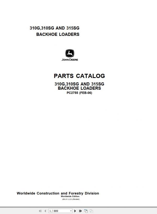 John Deere Backhoe Loaders 310G 310SG 315SG Parts Catalog PC2755 2006 1