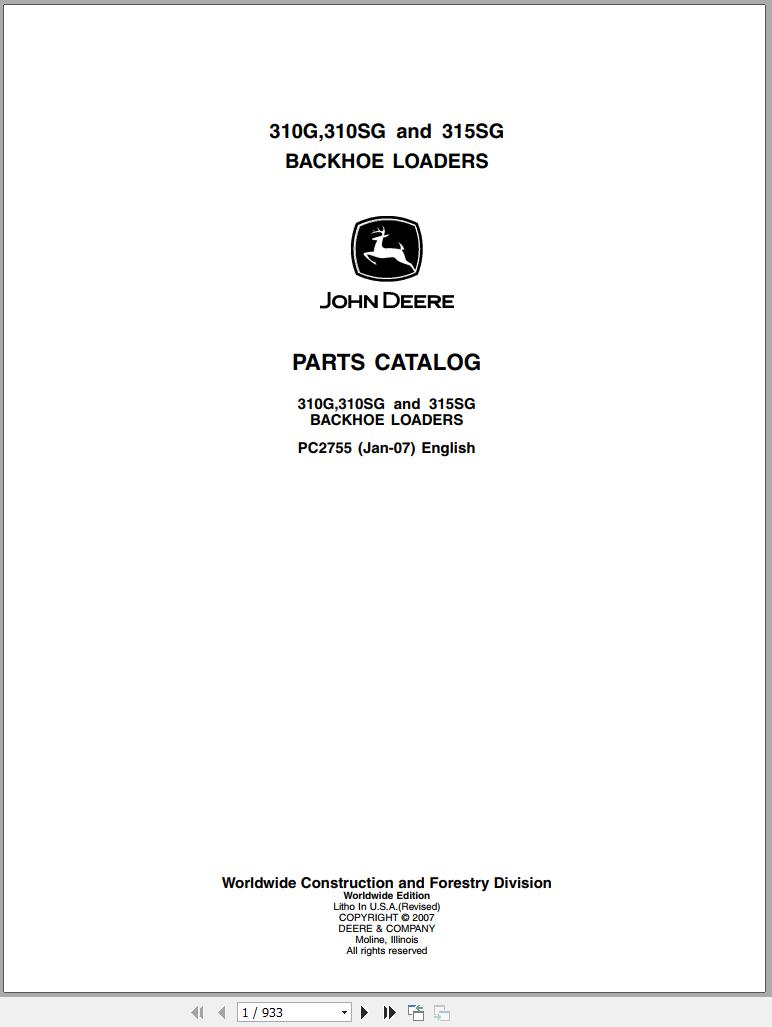 John Deere Backhoe Loaders 310G 310SG 315SG Parts Catalog PC2755 2007