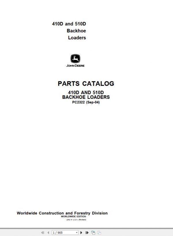 John Deere Backhoe Loaders 410D 510D Parts Catalog PC2322 2004 1