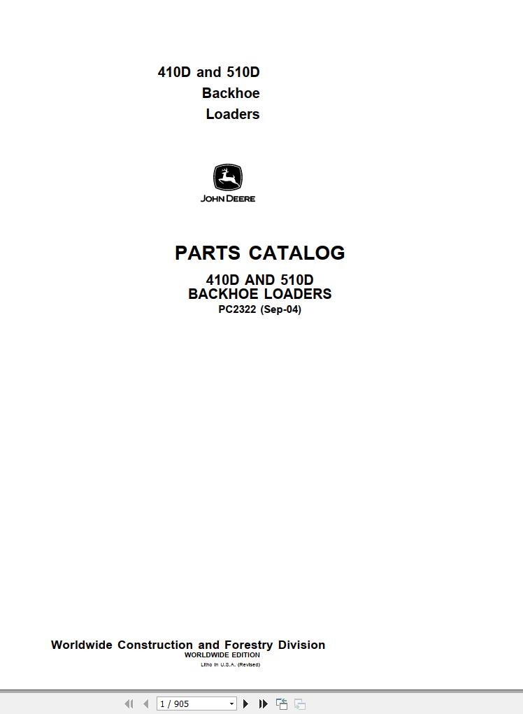 John Deere Backhoe Loaders 410D 510D Parts Catalog PC2322 2004 1
