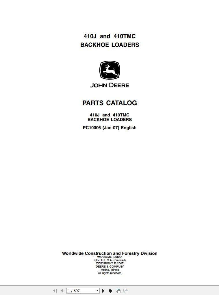 John Deere Backhoe Loaders 410J 410TMC Parts Catalog PC10006 2007 1