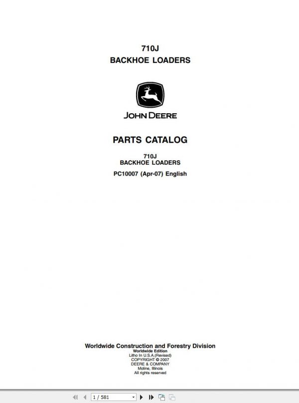 John Deere Backhoe Loaders 710J Parts Catalog PC10007 2007 1