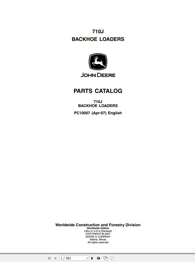 John Deere Backhoe Loaders 710J Parts Catalog PC10007 2007 1