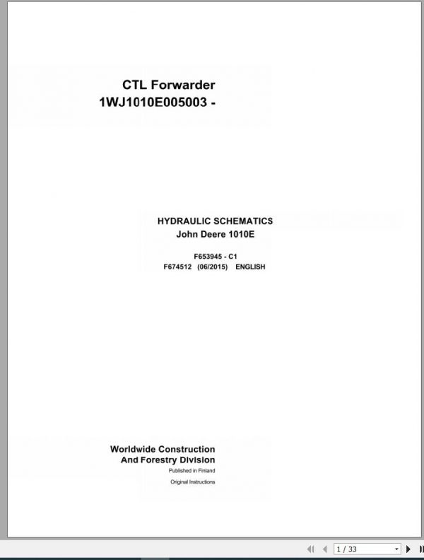 John Deere CTL Forwarder 1010E F674512 C1 Hydraulic Schematic 2015 1