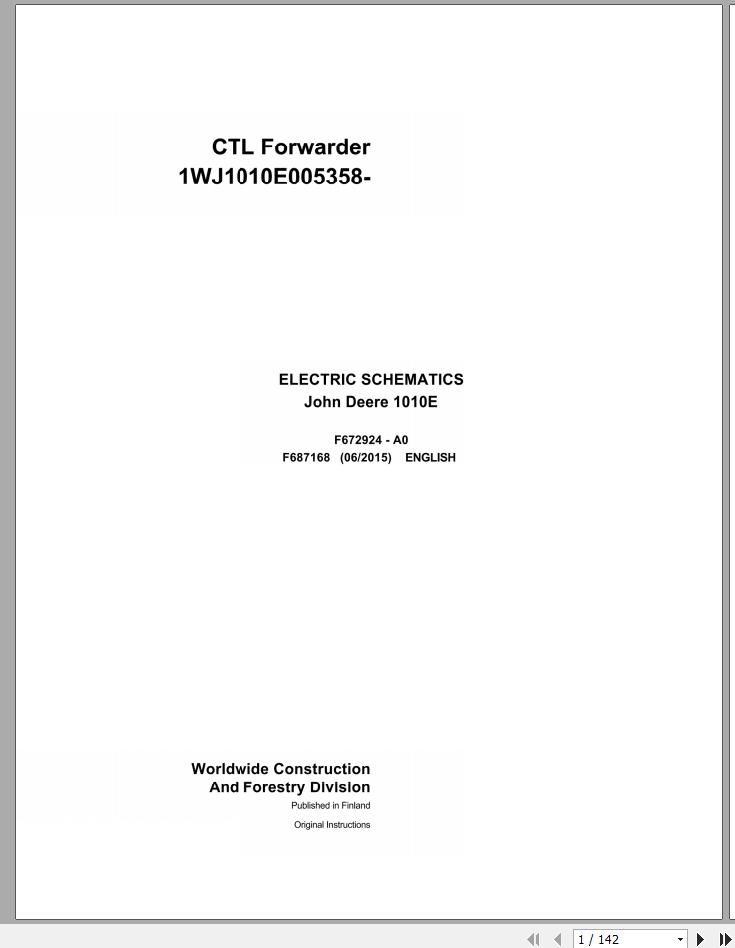 John Deere CTL Forwarder 1010E F687168 A0 Electric Schematic 2015 1