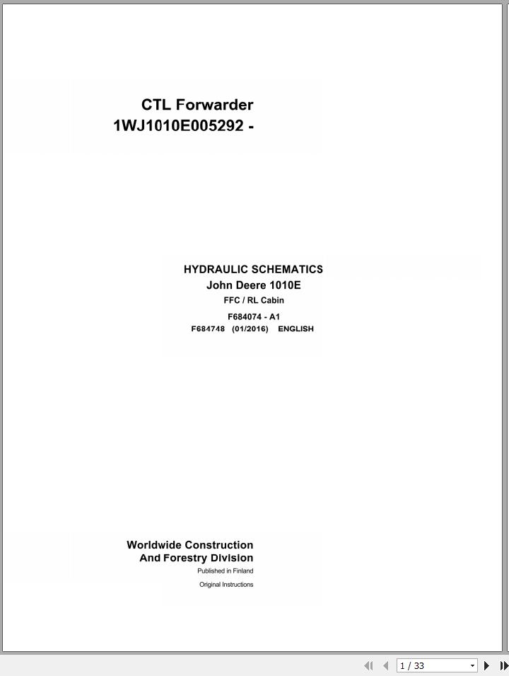 John Deere CTL Forwarder 1010E FFC RL Cabin F684748 A1 Hydraulic Schematic 2016 1