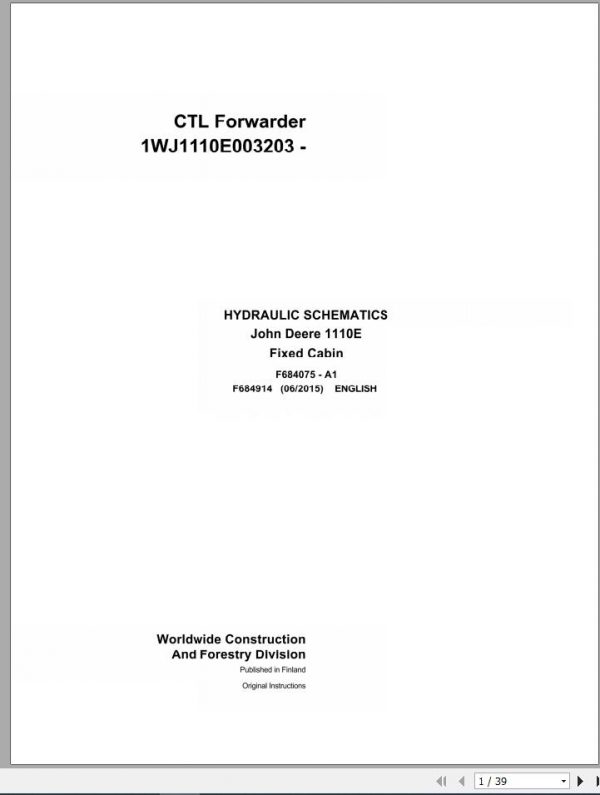 John Deere CTL Forwarder 1110E Fixed Cabin F684914 A1 Hydraulic Schematic 2015 1