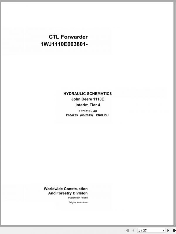 John Deere CTL Forwarder 1110E Interim Tier 4 F684725 A8 Hydraulic Schematic 2015 1