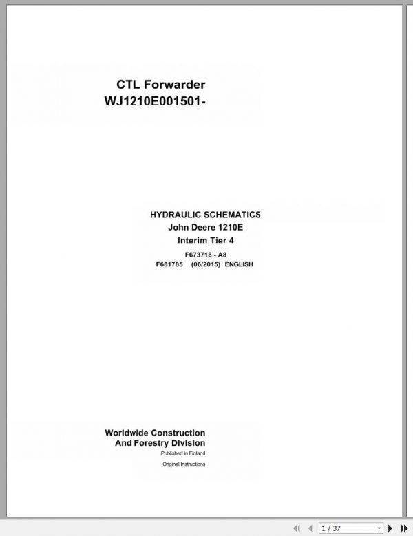 John Deere CTL Forwarder 1210E Interim Tier 4 F681785 A8 Hydraulic Schematic 2015 1