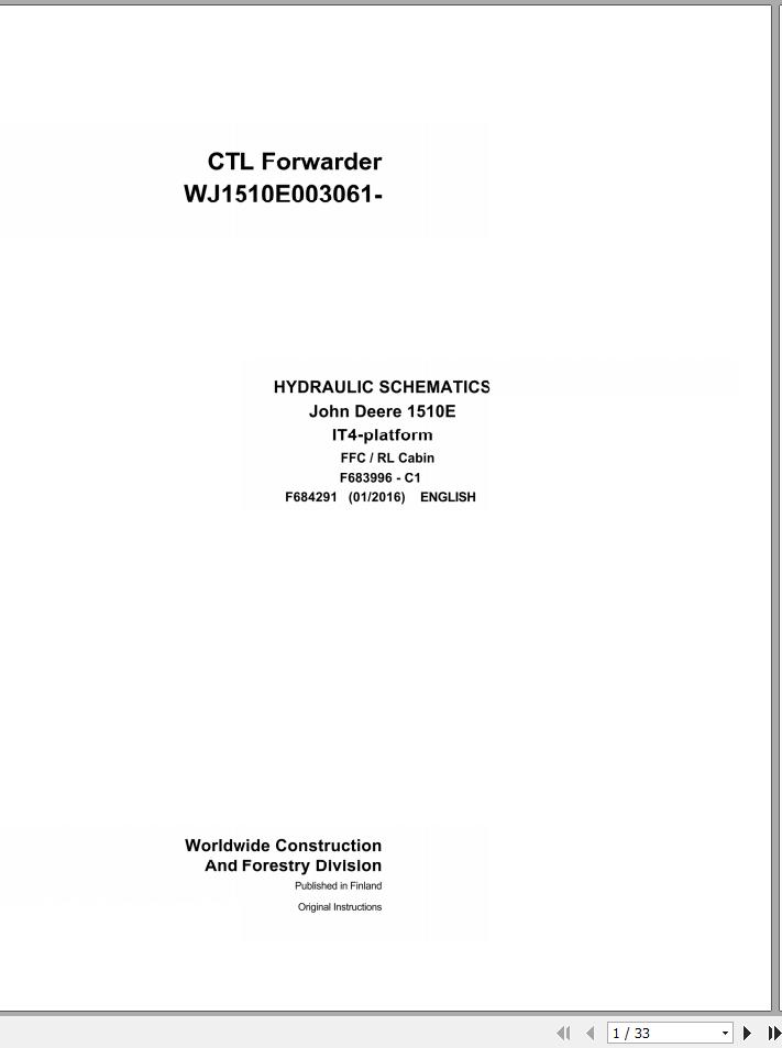 John Deere CTL Forwarder 1510E IT4 Platfrom F684291 C1 Hydraulic Schematic 2016 1