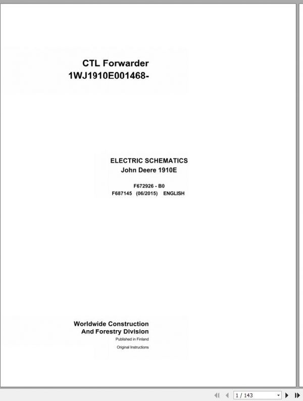 John Deere CTL Forwarder 1910E F687145 B0 Electric Schematic 2015 1