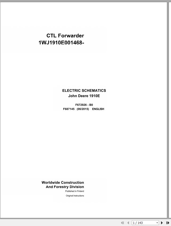 John Deere CTL Forwarder 1910E F687145 B0 Electric Schematic 2015 1