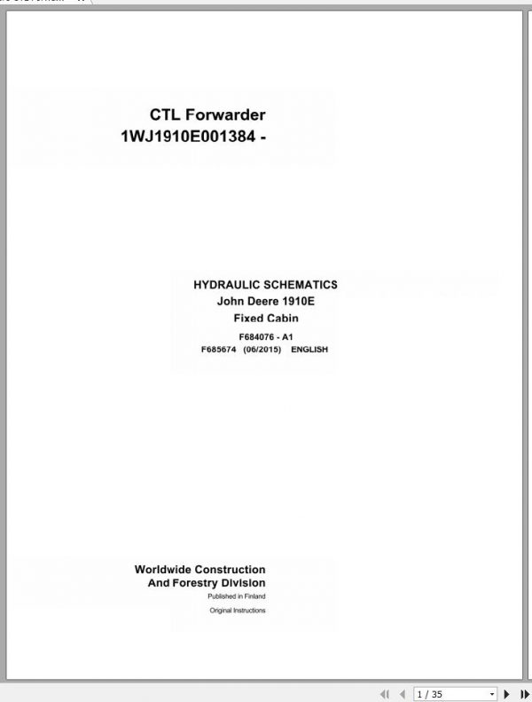 John Deere CTL Forwarder 1910E Fixed Cabin F685674 A1 Hydraulic Schematic 2015 1