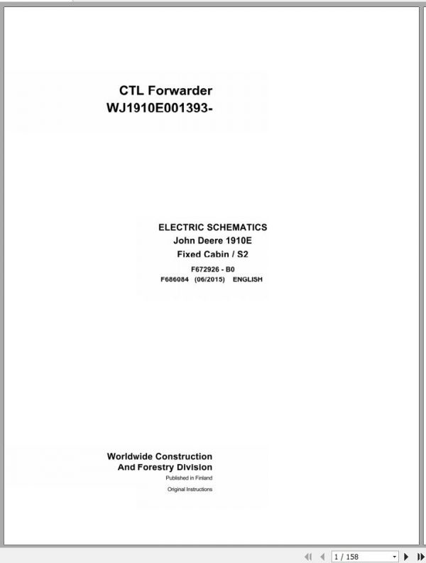 John Deere CTL Forwarder 1910E Fixed Cabin S2 F686084 B0 Electric Schematic 2015 1