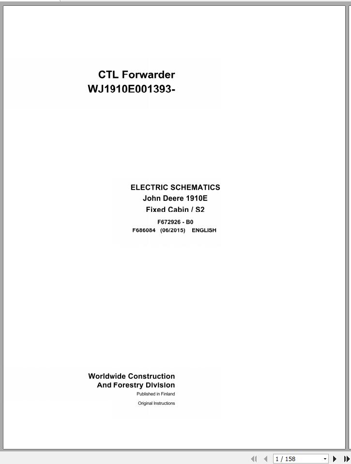 John Deere CTL Forwarder 1910E Fixed Cabin S2 F686084 B0 Electric Schematic 2015 1