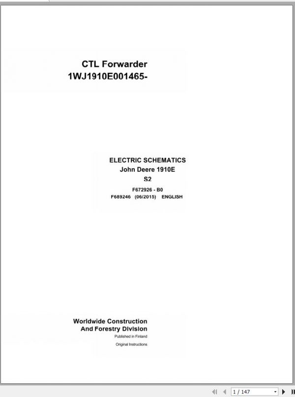 John Deere CTL Forwarder 1910E S2 F689246 B0 2015 Electric Schematic 2015 1