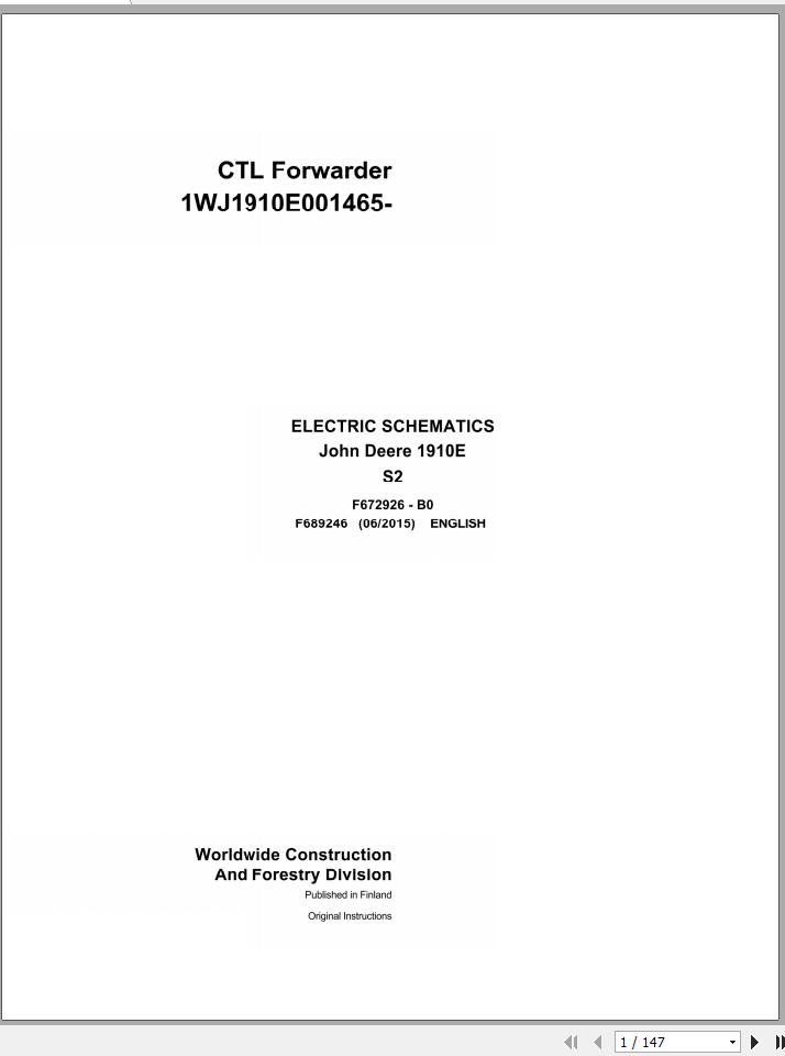 John Deere CTL Forwarder 1910E S2 F689246 B0 2015 Electric Schematic 2015 1