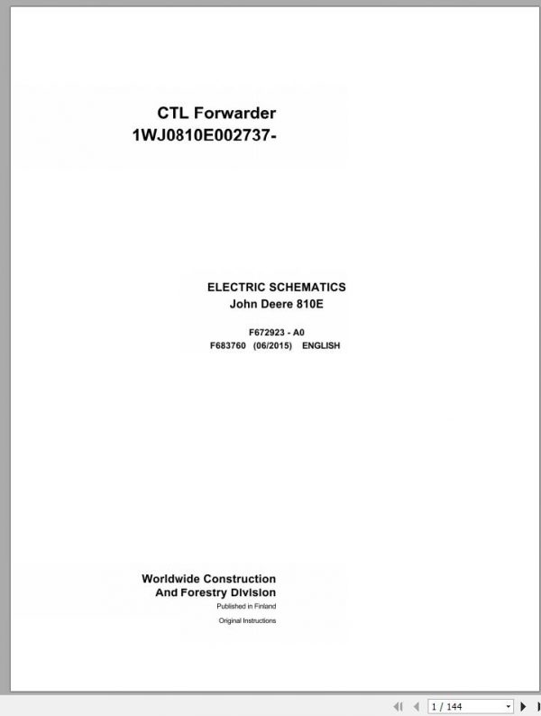John Deere CTL Forwarder 810E F683760 A0 Electric Schematic 2015 1